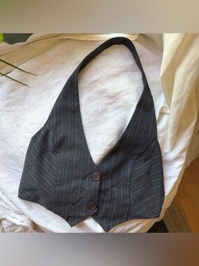 TOTO COLLECTION charcoal grey pin stripe y2k halter backless vest‎ cropped top